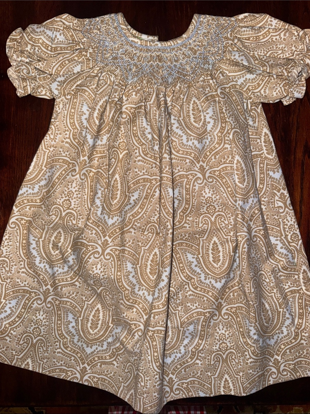 Smocked Short-Sleeve Paisley Kids Dress in Tan